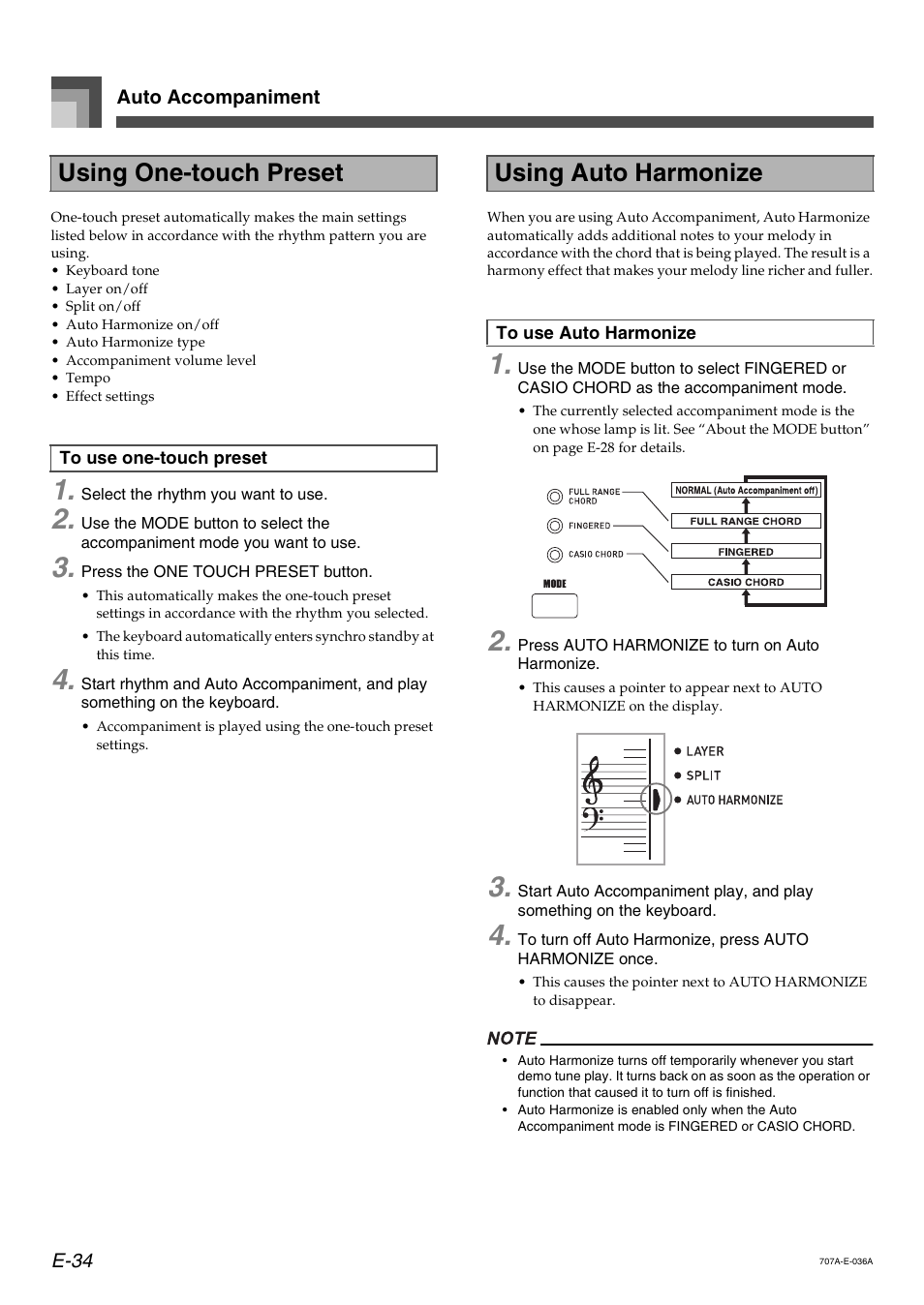 Using one-touch preset, Using auto harmonize | Casio CTK900 User Manual | Page 37 / 116