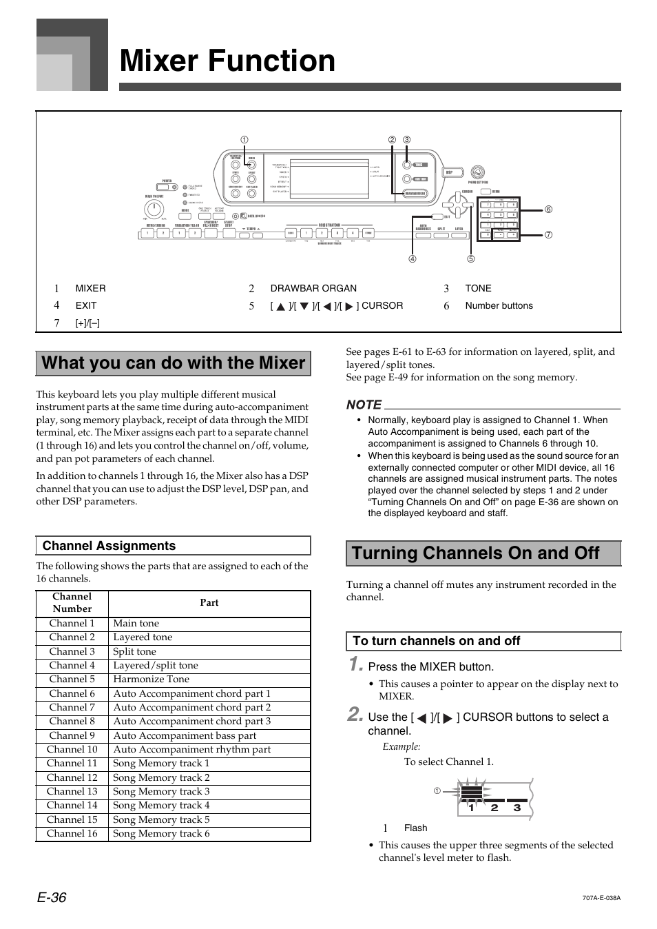 Mixer function, What you can do with the mixer, Turning channels on and off | E-36 | Casio CTK900 User Manual | Page 39 / 116