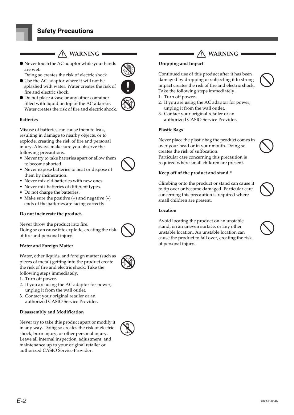 Safety precautions e-2 | Casio CTK900 User Manual | Page 4 / 116