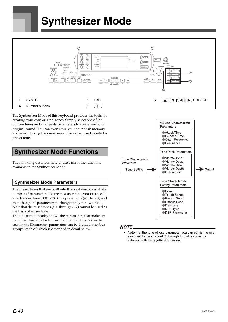 Synthesizer mode, Synthesizer mode functions, E-40 | Casio CTK900 User Manual | Page 43 / 116