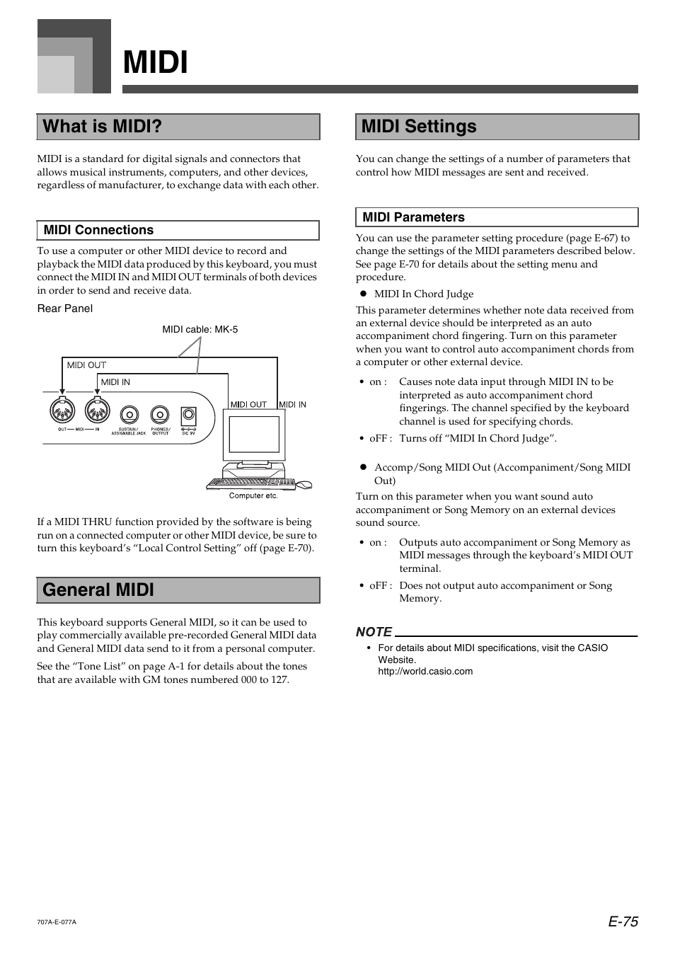 Midi, What is midi, General midi | Midi settings, E-75 | Casio CTK900 User Manual | Page 79 / 116