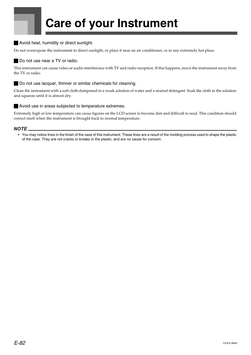 Care of your instrument, E-82 | Casio CTK900 User Manual | Page 86 / 116