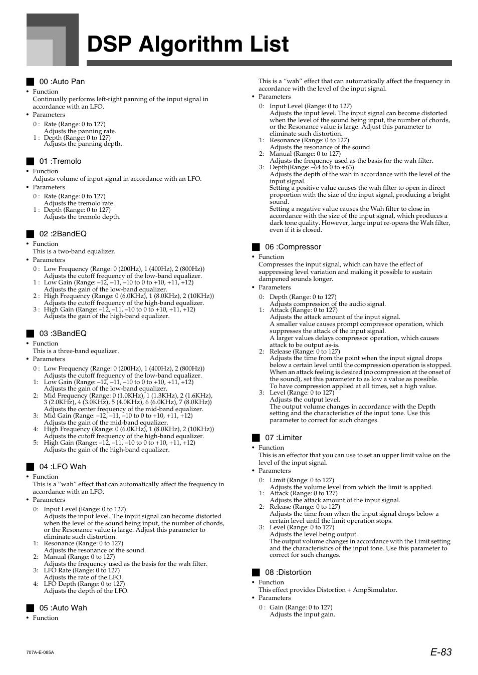 Dsp algorithm list, E-83 | Casio CTK900 User Manual | Page 87 / 116