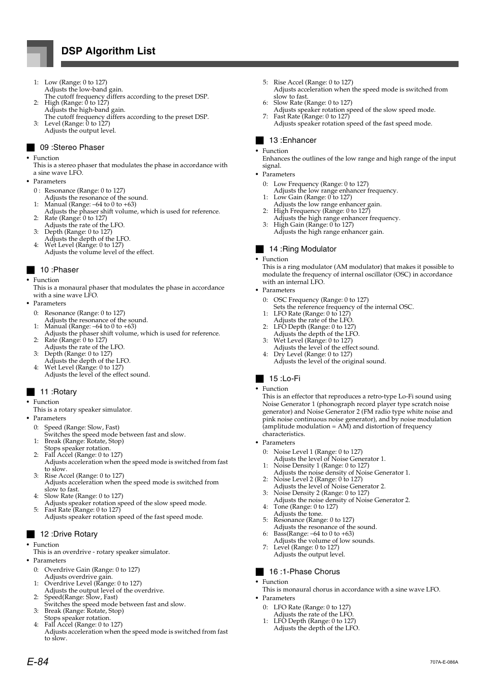 Dsp algorithm list e-84 | Casio CTK900 User Manual | Page 88 / 116