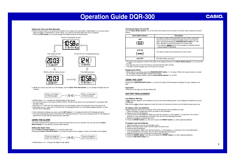 Using the clock 2, Using the alarm, Using the light | Battery replacement 1, Operation guide dqr-300 | Casio DQR-300 User Manual | Page 3 / 6