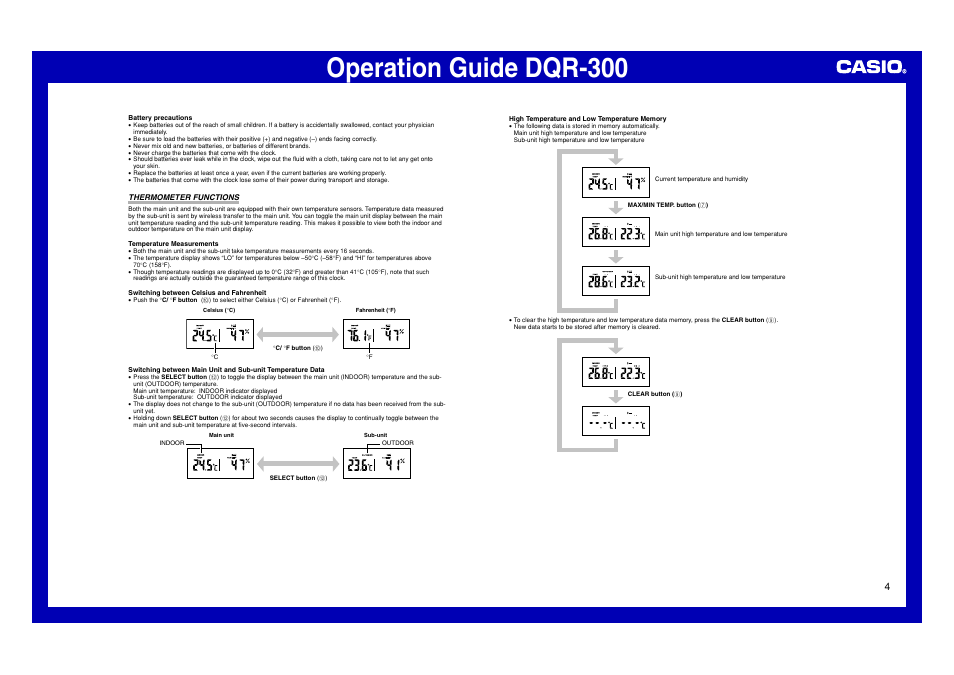Battery replacement 2, Thermometer functions, Operation guide dqr-300 | Casio DQR-300 User Manual | Page 4 / 6