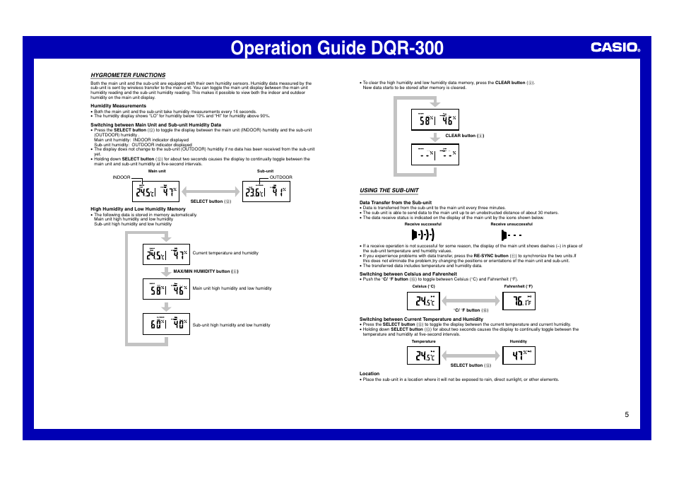 Hygrometer functions, Using the sub-unit, Operation guide dqr-300 | Casio DQR-300 User Manual | Page 5 / 6