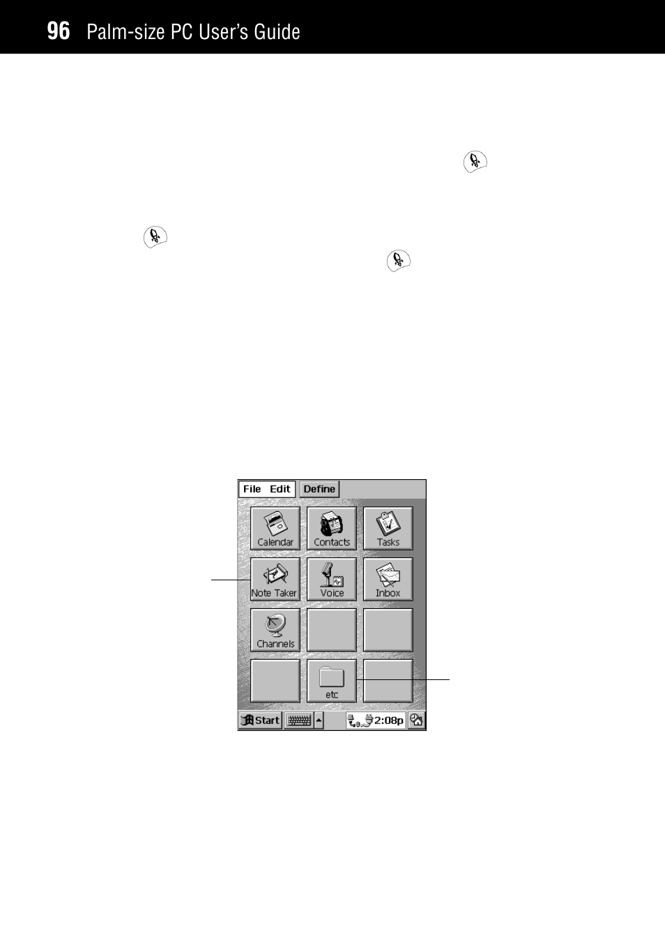 Using menu, Starting up menu using the main menu, Palm-size pc user’s guide | Casio Palm-size PC User Manual | Page 104 / 141