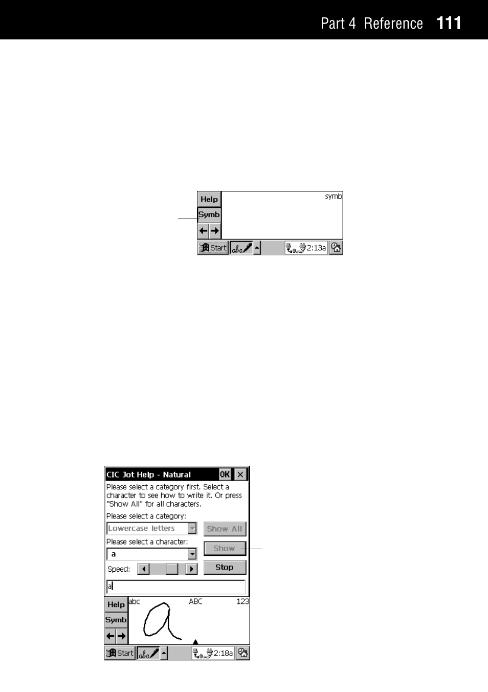 Symbols character writing help, Symbols, Character writing help | Part 4 reference | Casio Palm-size PC User Manual | Page 119 / 141