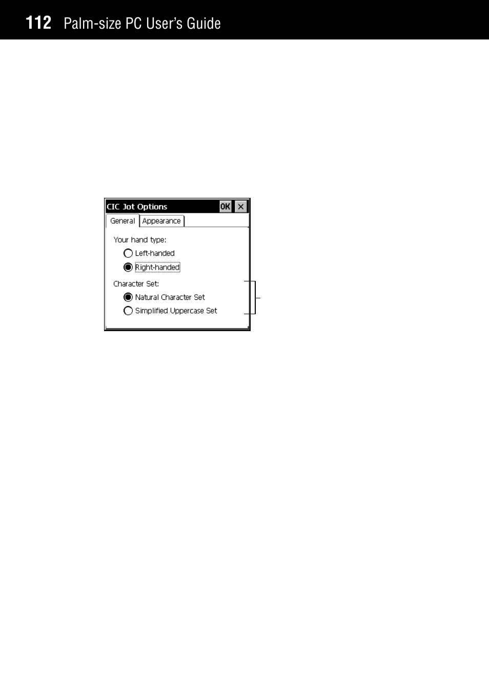 Options natural character set, Options, Natural character set | Palm-size pc user’s guide | Casio Palm-size PC User Manual | Page 120 / 141