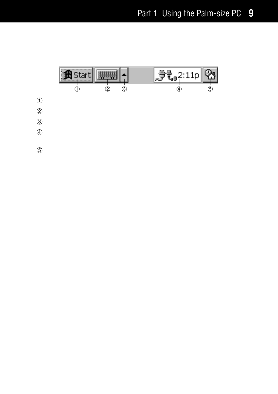 Taskbar, Part 1 using the palm-size pc | Casio Palm-size PC User Manual | Page 17 / 141