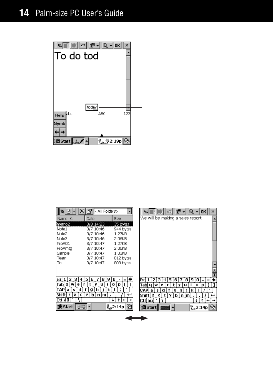 Viewing data, Palm-size pc user’s guide | Casio Palm-size PC User Manual | Page 22 / 141