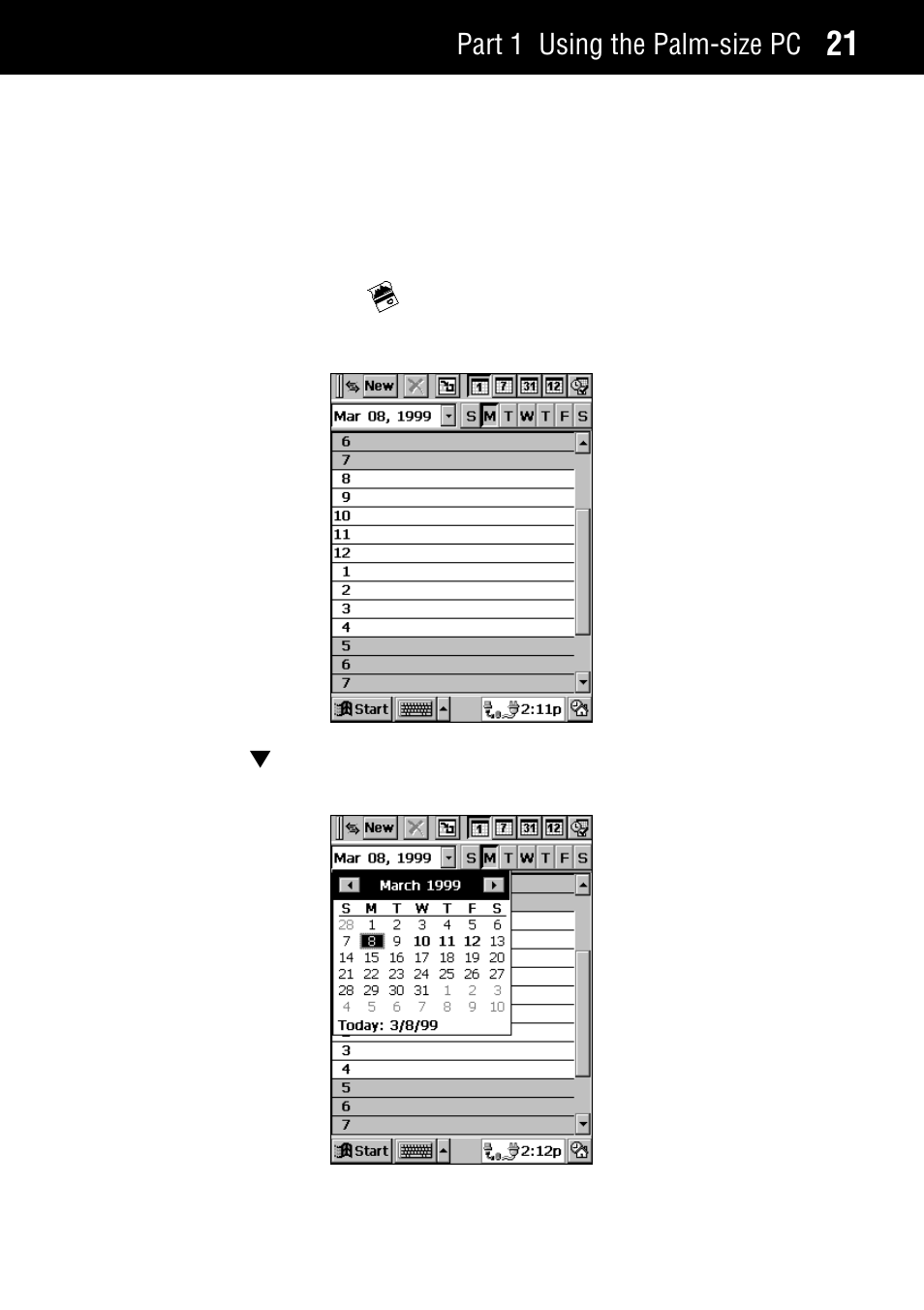 Creating a calendar appointment, Part 1 using the palm-size pc | Casio Palm-size PC User Manual | Page 29 / 141