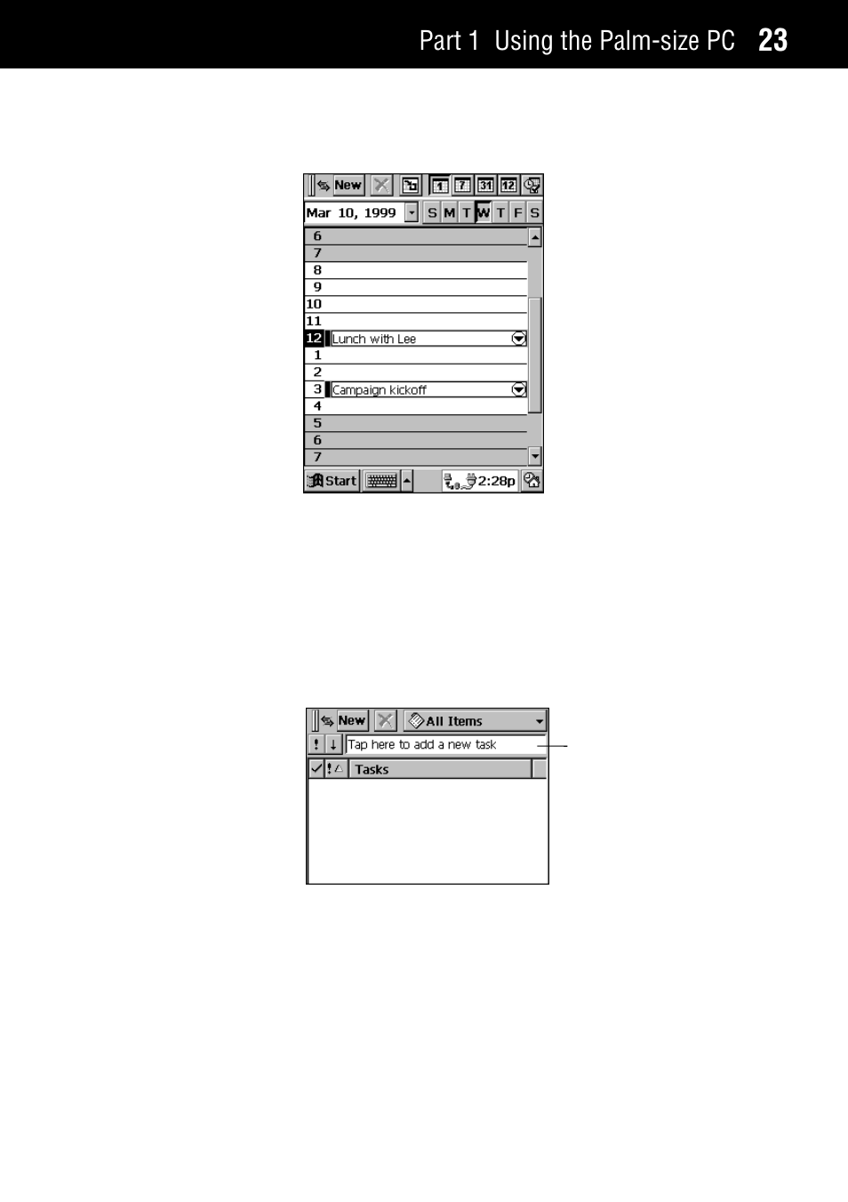 Entering a reminder in tasks, Part 1 using the palm-size pc | Casio Palm-size PC User Manual | Page 31 / 141