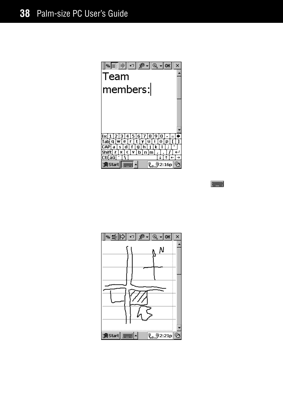 Freehand letters and graphics, Palm-size pc user’s guide | Casio Palm-size PC User Manual | Page 46 / 141