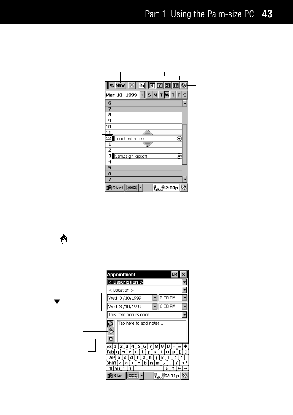 Part 1 using the palm-size pc, Appointment list, Appointment card | Casio Palm-size PC User Manual | Page 51 / 141