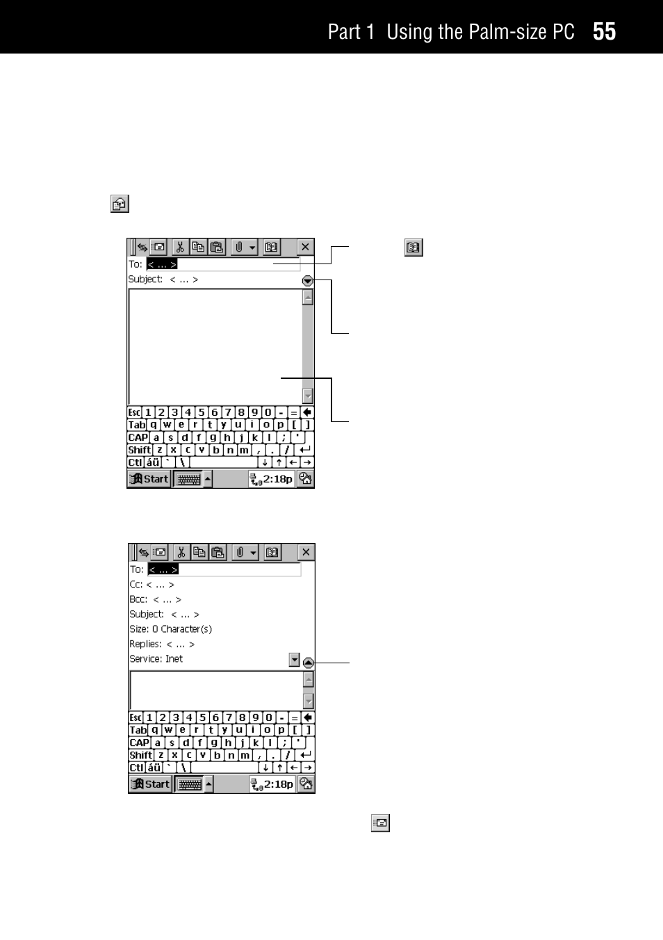 Sending an e-mail, Part 1 using the palm-size pc | Casio Palm-size PC User Manual | Page 63 / 141