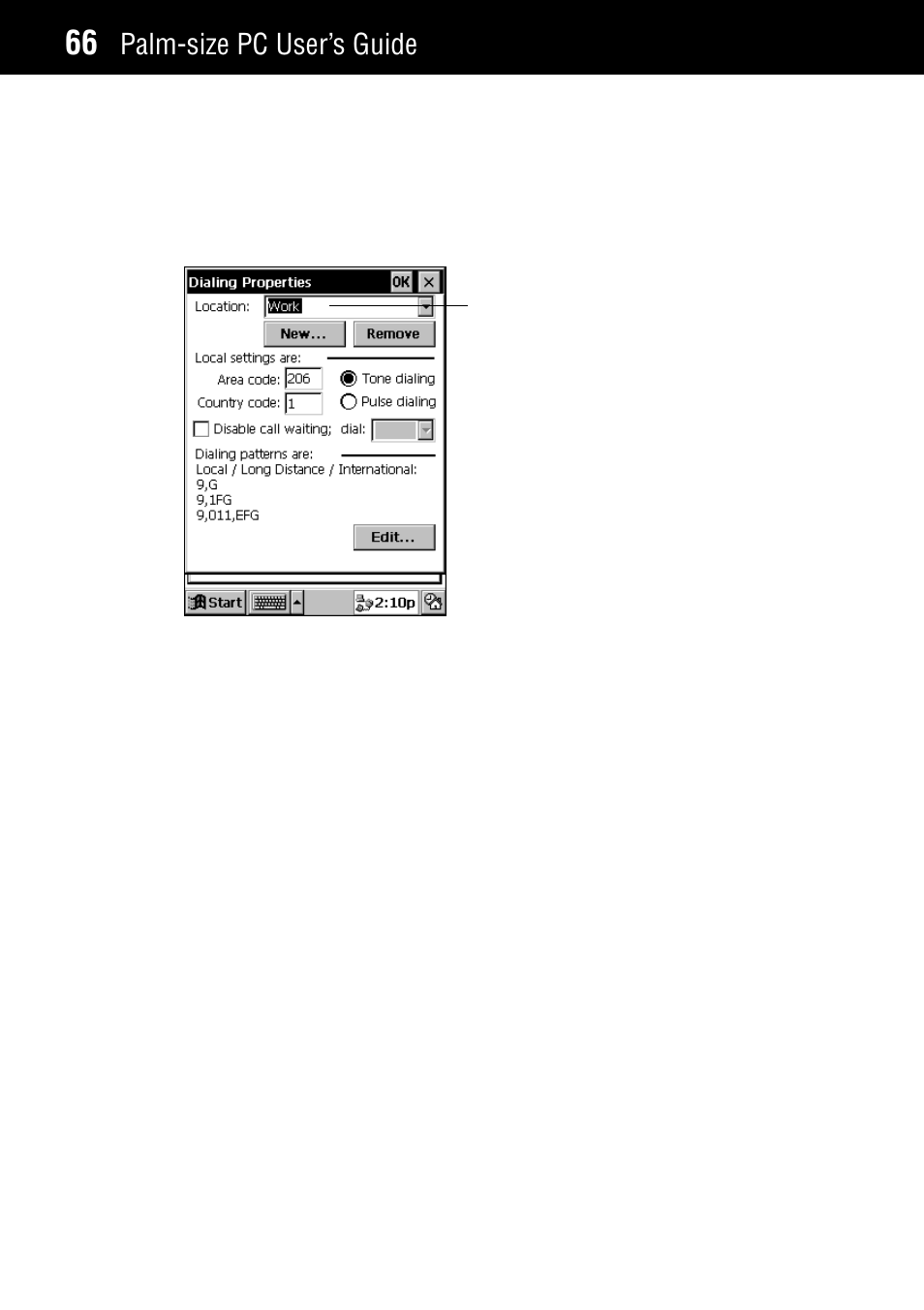 Setting the dialing properties, Palm-size pc user’s guide | Casio Palm-size PC User Manual | Page 74 / 141