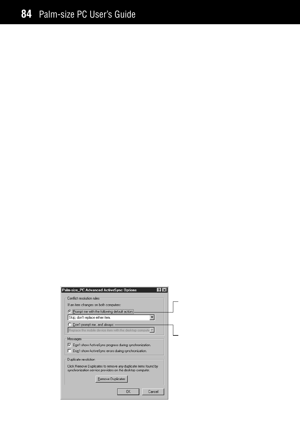 Resolving synchronization conflicts, Palm-size pc user’s guide | Casio Palm-size PC User Manual | Page 92 / 141