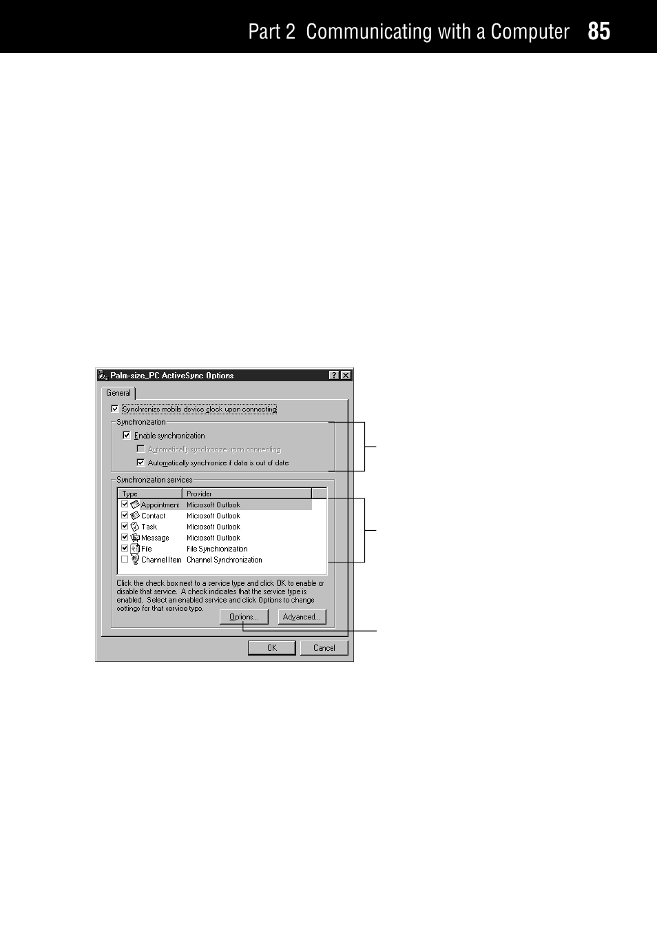 Changing activesync options settings, Part 2 communicating with a computer | Casio Palm-size PC User Manual | Page 93 / 141