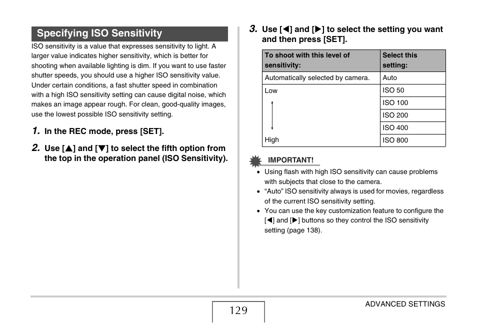 Specifying iso sensitivity, E 129) | Casio EX-Z12 User Manual | Page 129 / 265