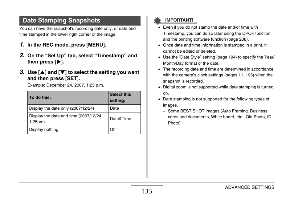 Date stamping snapshots | Casio EX-Z12 User Manual | Page 135 / 265