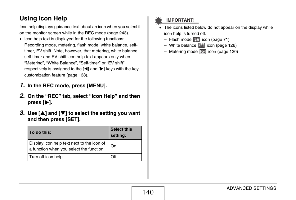 Using icon help | Casio EX-Z12 User Manual | Page 140 / 265