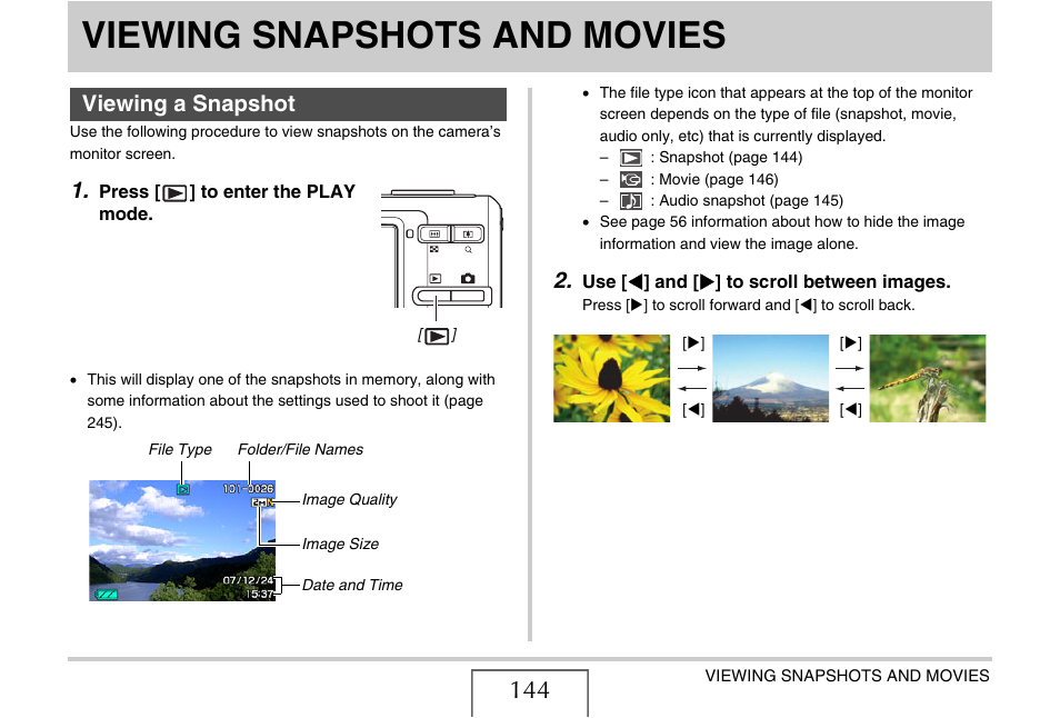 Viewing snapshots and movies, Viewing a snapshot | Casio EX-Z12 User Manual | Page 144 / 265
