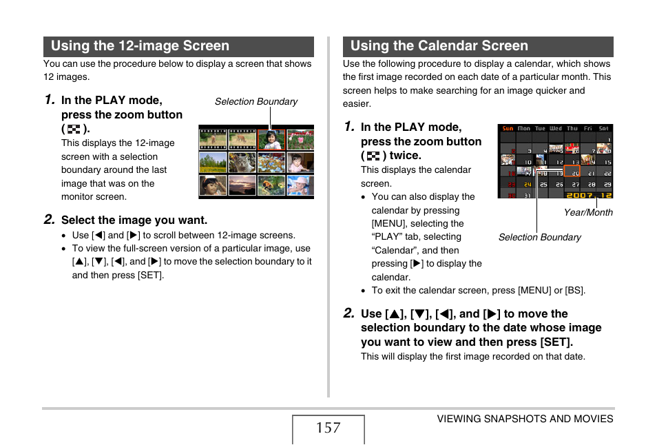 Using the 12-image screen, Using the calendar screen | Casio EX-Z12 User Manual | Page 157 / 265