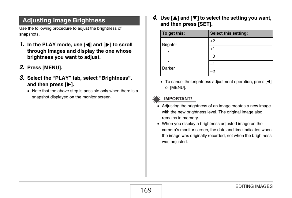 Adjusting image brightness | Casio EX-Z12 User Manual | Page 169 / 265