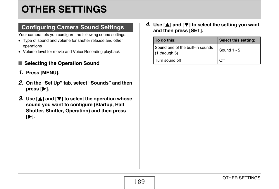 Other settings, Configuring camera sound settings | Casio EX-Z12 User Manual | Page 189 / 265