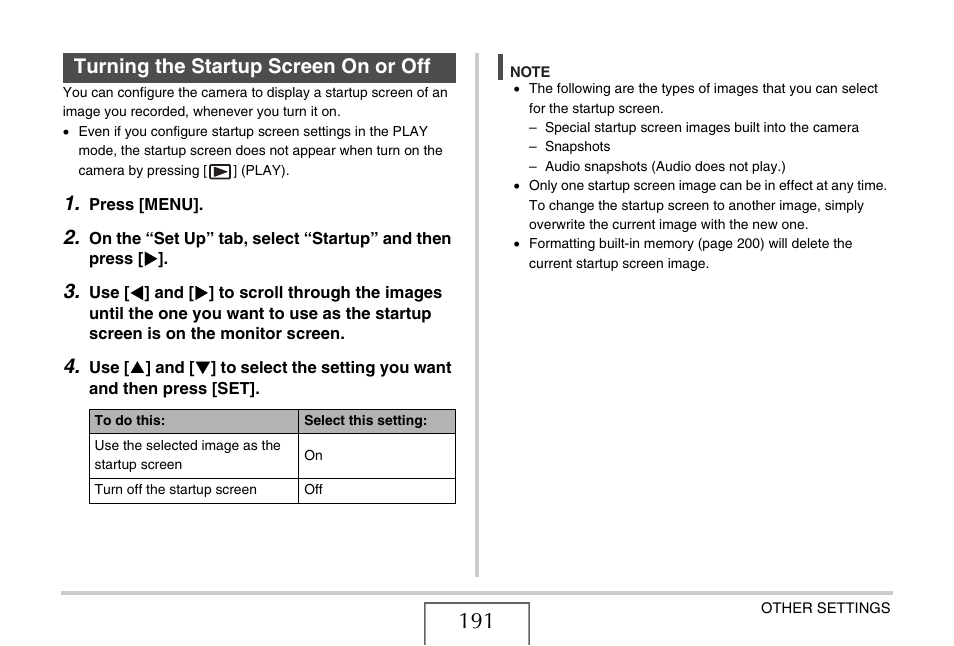 Turning the startup screen on or off | Casio EX-Z12 User Manual | Page 191 / 265