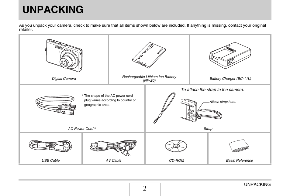Unpacking | Casio EX-Z12 User Manual | Page 2 / 265