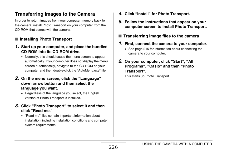Transferring images to the camera | Casio EX-Z12 User Manual | Page 226 / 265