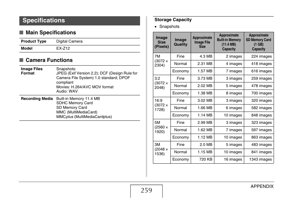 Specifications, Main specifications ■ camera functions | Casio EX-Z12 User Manual | Page 259 / 265