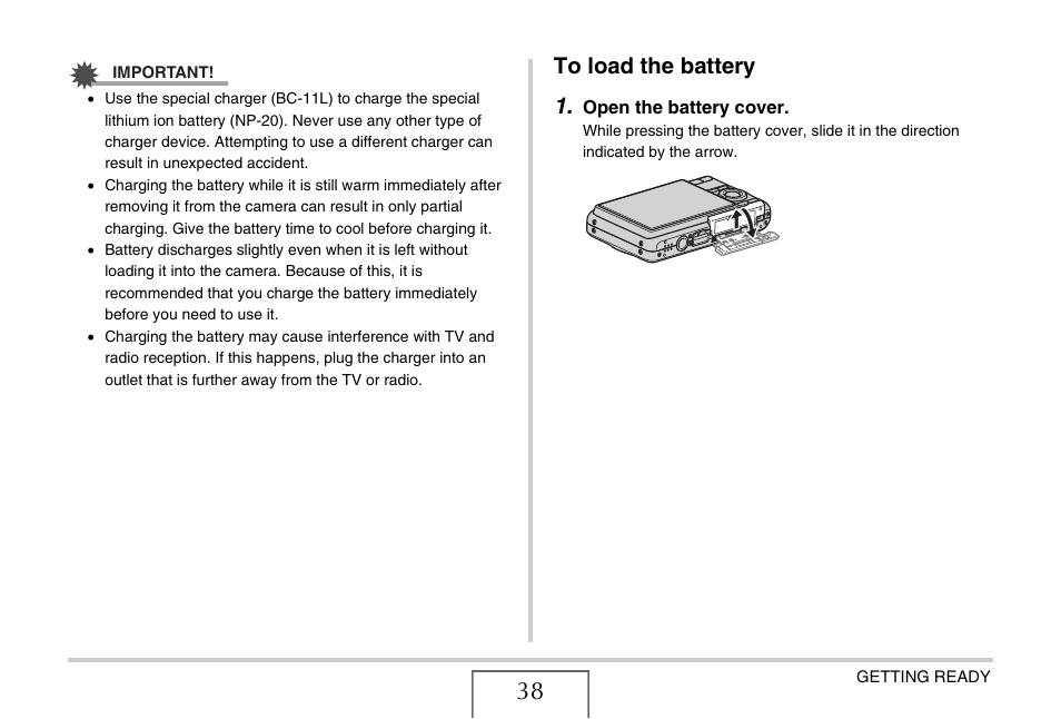 To load the battery | Casio EX-Z12 User Manual | Page 38 / 265