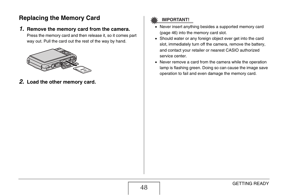 Replacing the memory card | Casio EX-Z12 User Manual | Page 48 / 265