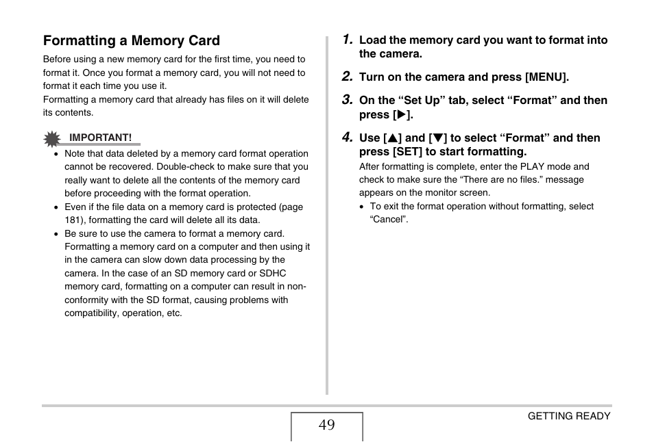 Formatting a memory card | Casio EX-Z12 User Manual | Page 49 / 265