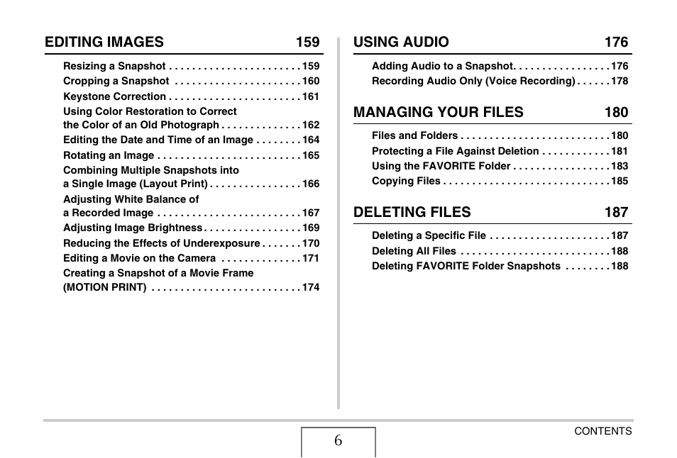 Editing images 159, Using audio 176, Managing your files 180 | Deleting files 187 | Casio EX-Z12 User Manual | Page 6 / 265