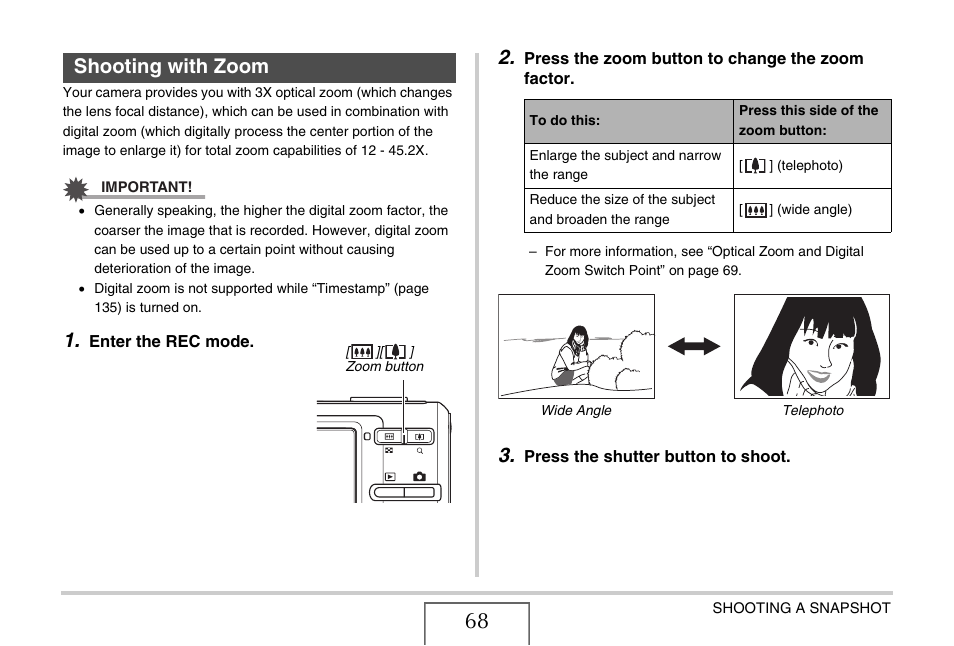 Shooting with zoom | Casio EX-Z12 User Manual | Page 68 / 265