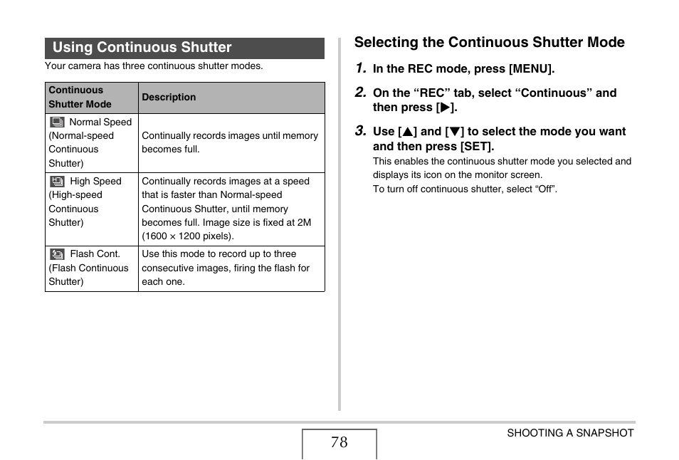 Using continuous shutter, Selecting the continuous shutter mode, Selecting the continuous shutter mode 1 | Casio EX-Z12 User Manual | Page 78 / 265