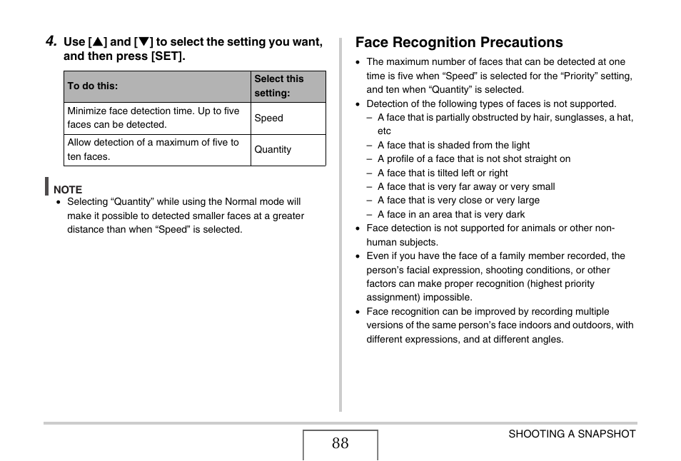 Face recognition precautions | Casio EX-Z12 User Manual | Page 88 / 265