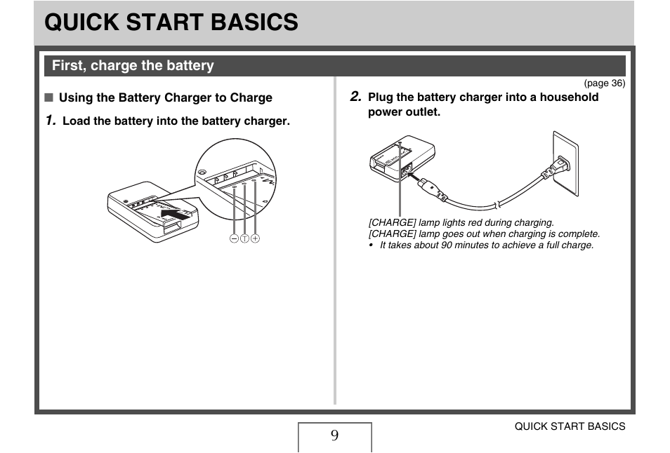 Quick start basics, First, charge the battery | Casio EX-Z12 User Manual | Page 9 / 265