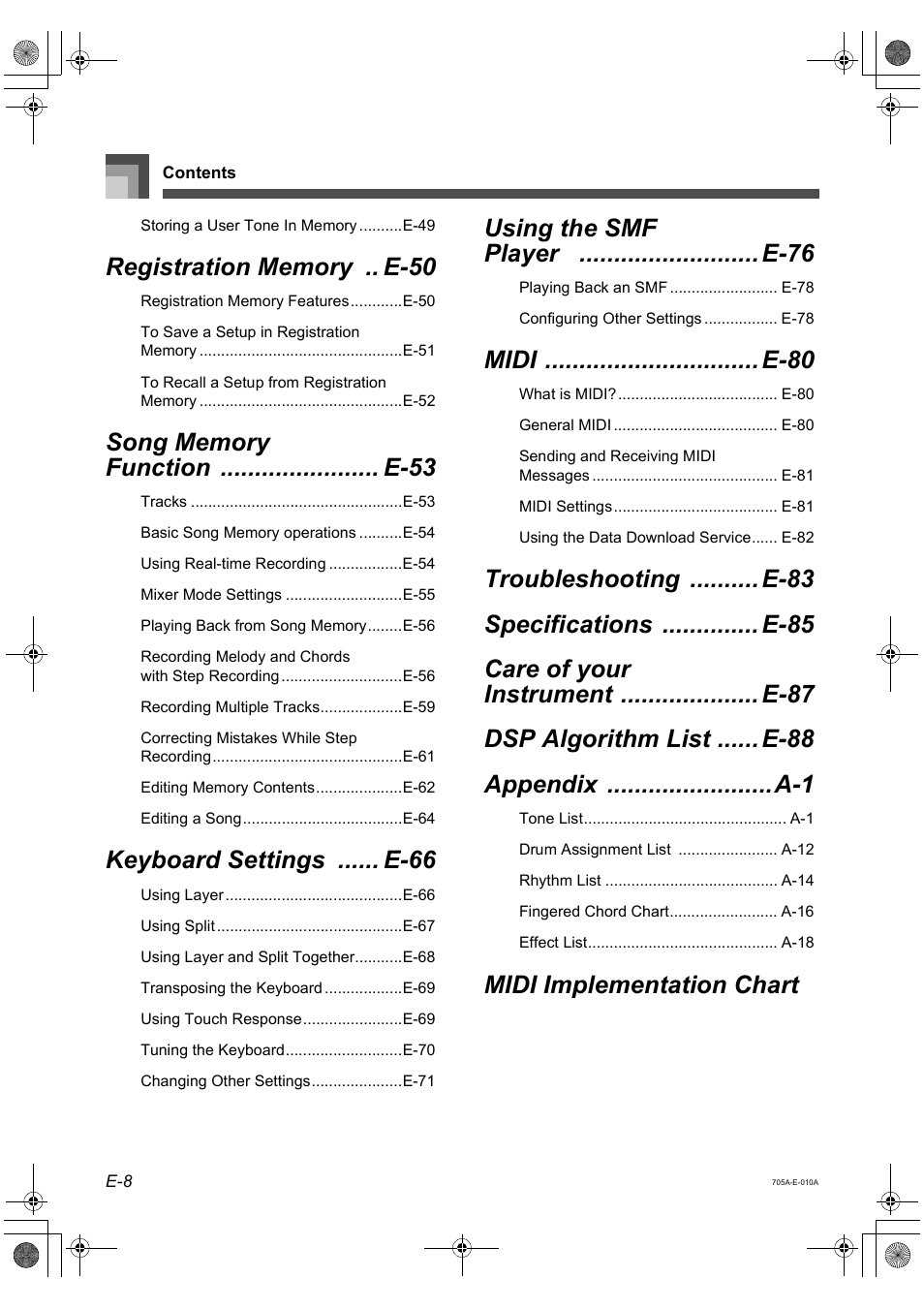 Keyboard settings ...... e-66, Midi ............................... e-80, Midi implementation chart | Casio CTK-691 User Manual | Page 10 / 122