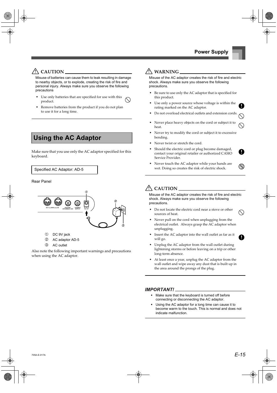 Using the ac adaptor, E-15 power supply | Casio CTK-691 User Manual | Page 17 / 122
