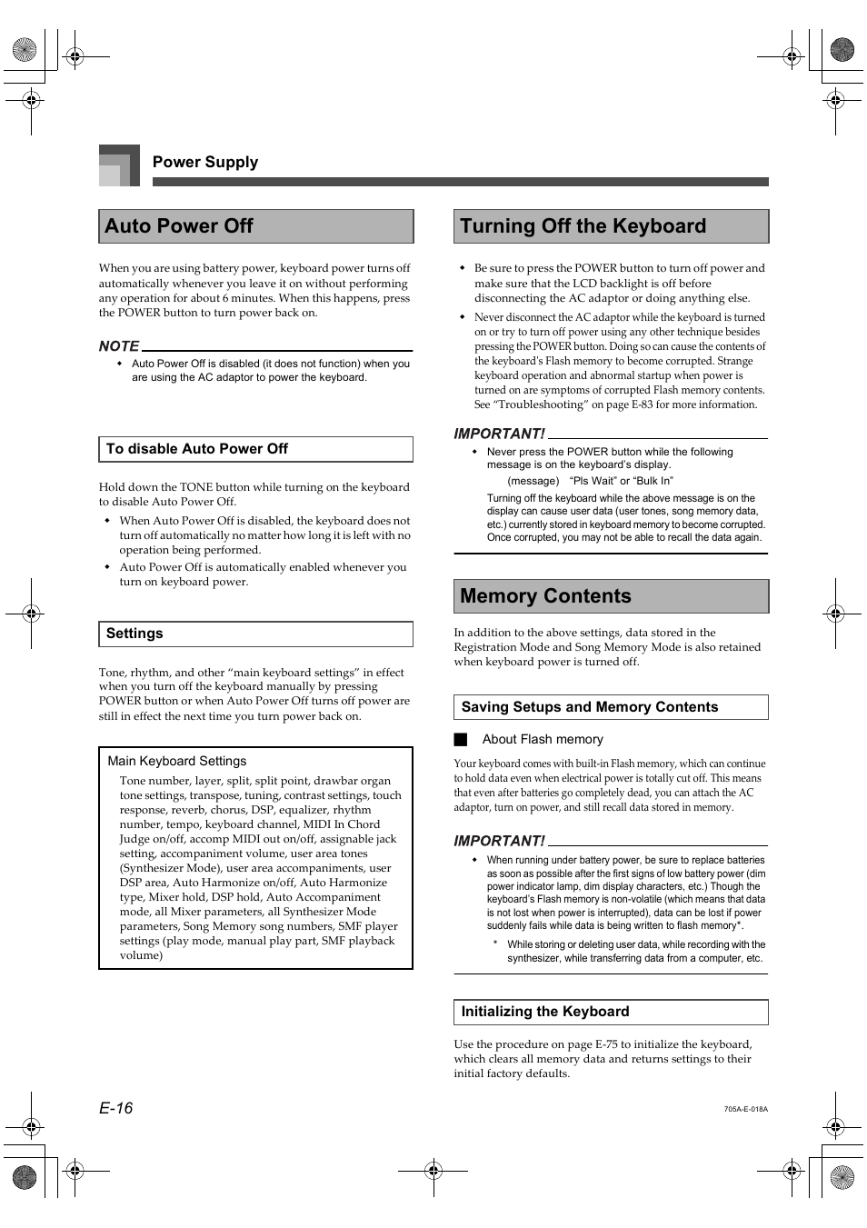 Auto power off, Power supply e-16 | Casio CTK-691 User Manual | Page 18 / 122