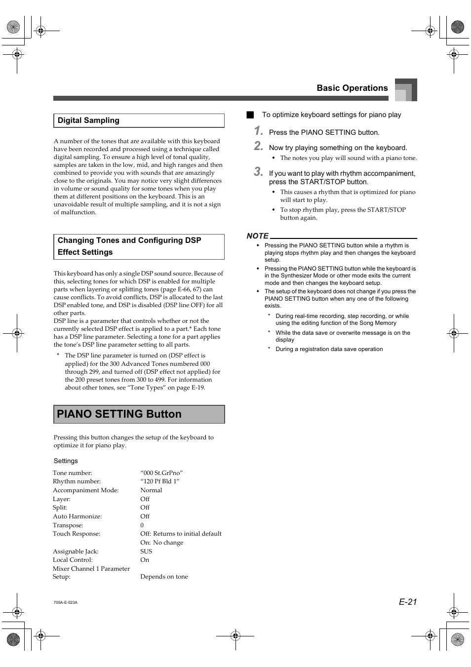 Piano setting button, E-21 basic operations | Casio CTK-691 User Manual | Page 23 / 122