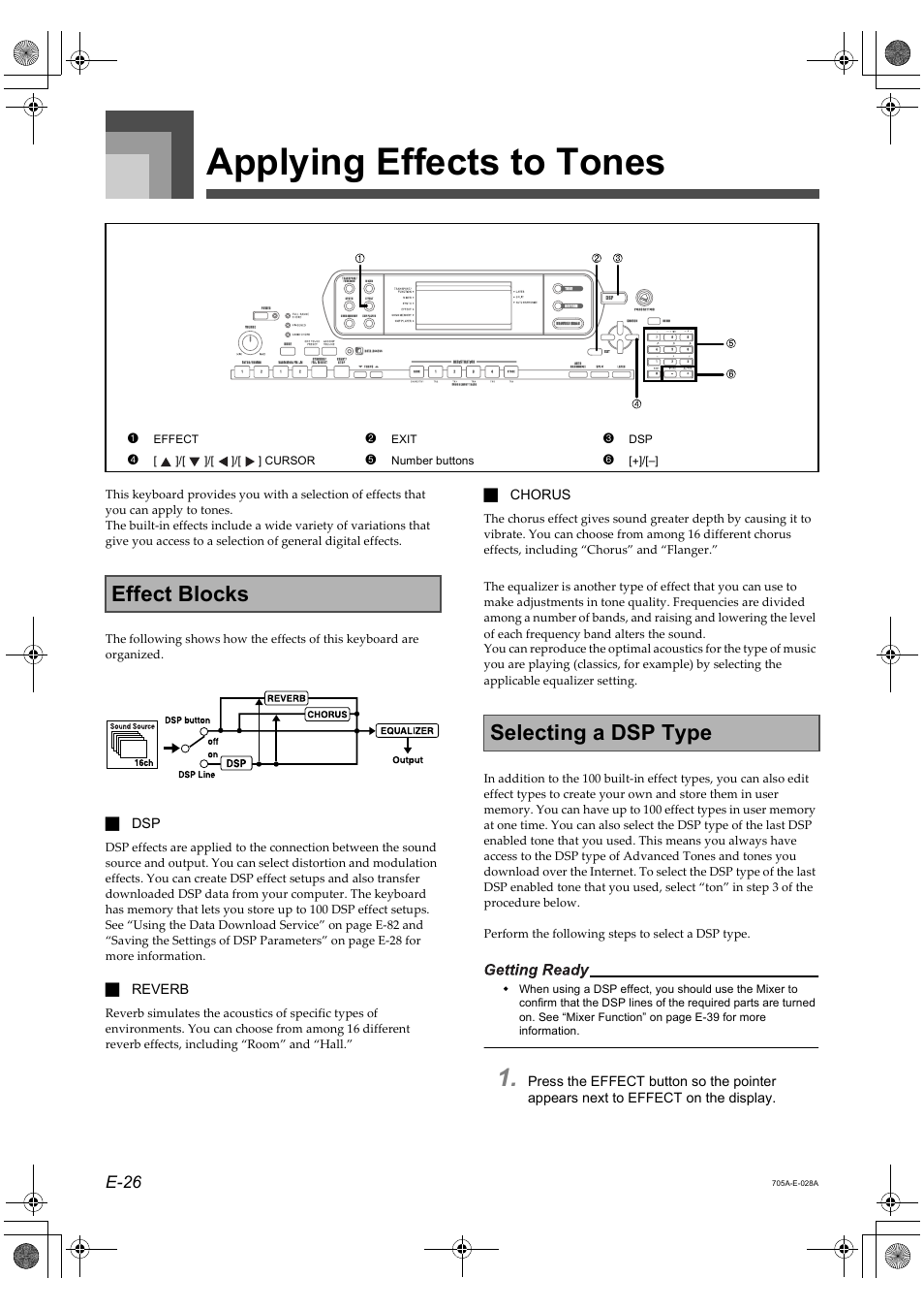 Applying effects to tones, Effect blocks selecting a dsp type | Casio CTK-691 User Manual | Page 28 / 122