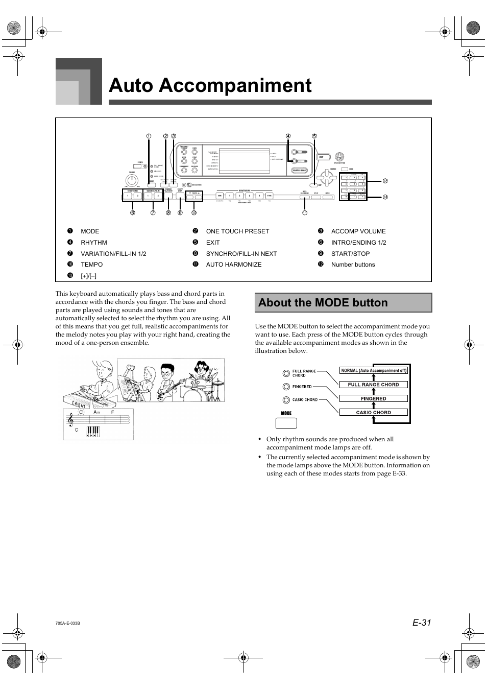 Auto accompaniment, About the mode button, E-31 | Casio CTK-691 User Manual | Page 33 / 122
