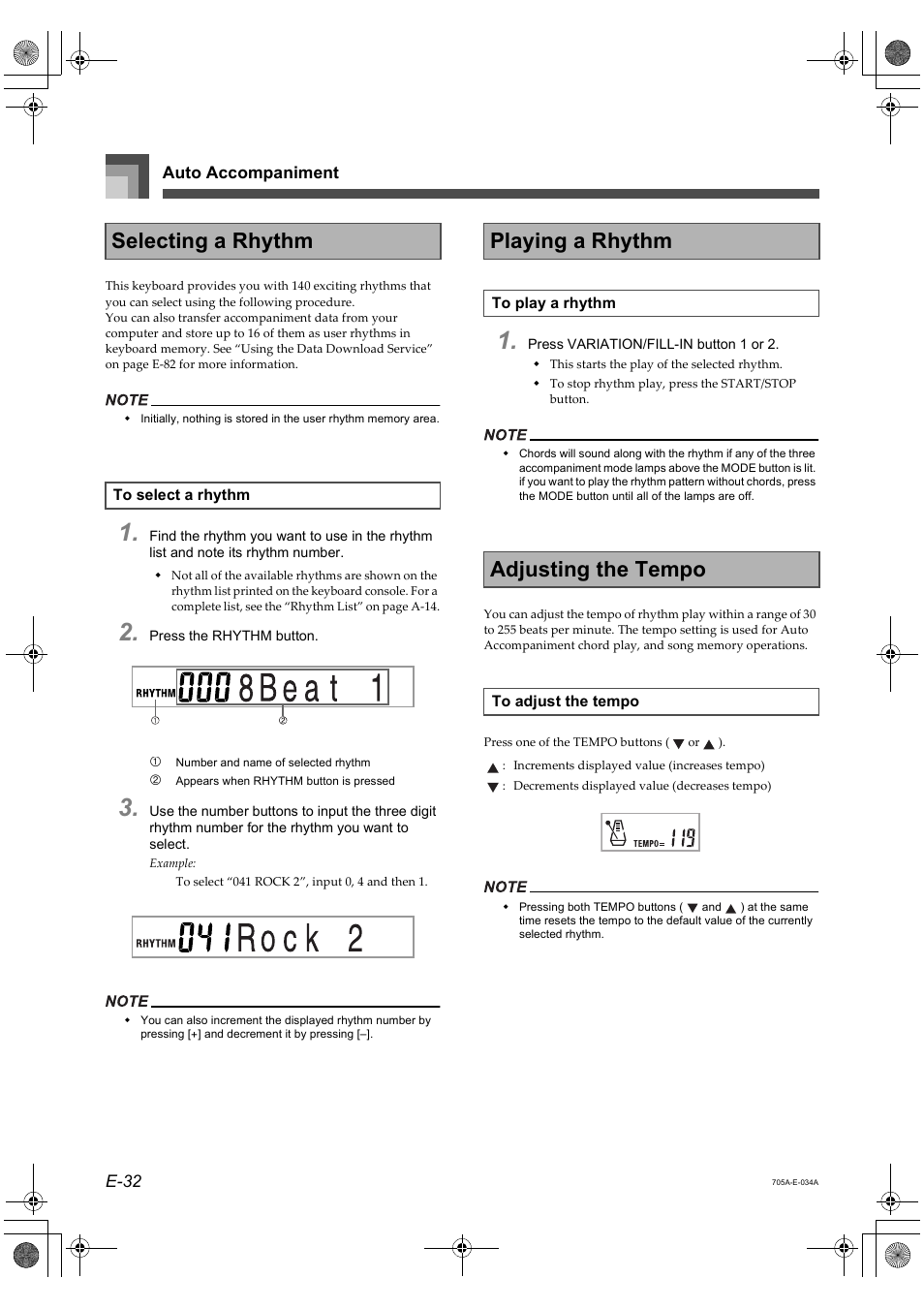 Selecting a rhythm, Playing a rhythm, Adjusting the tempo | Casio CTK-691 User Manual | Page 34 / 122